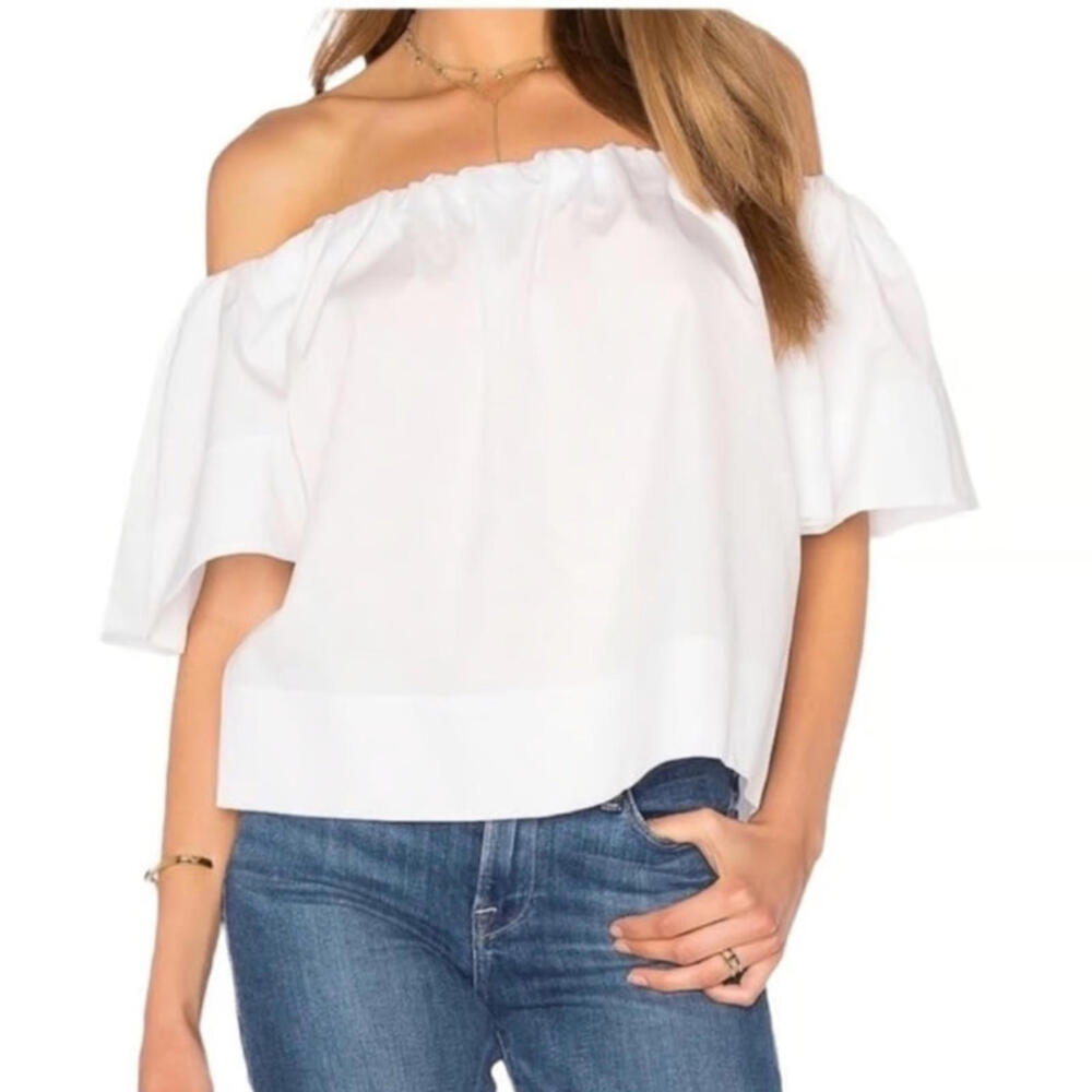 Vince Women's Blouse Large Off-The-Shoulder Poplin Cotton Short Sleeve Top White